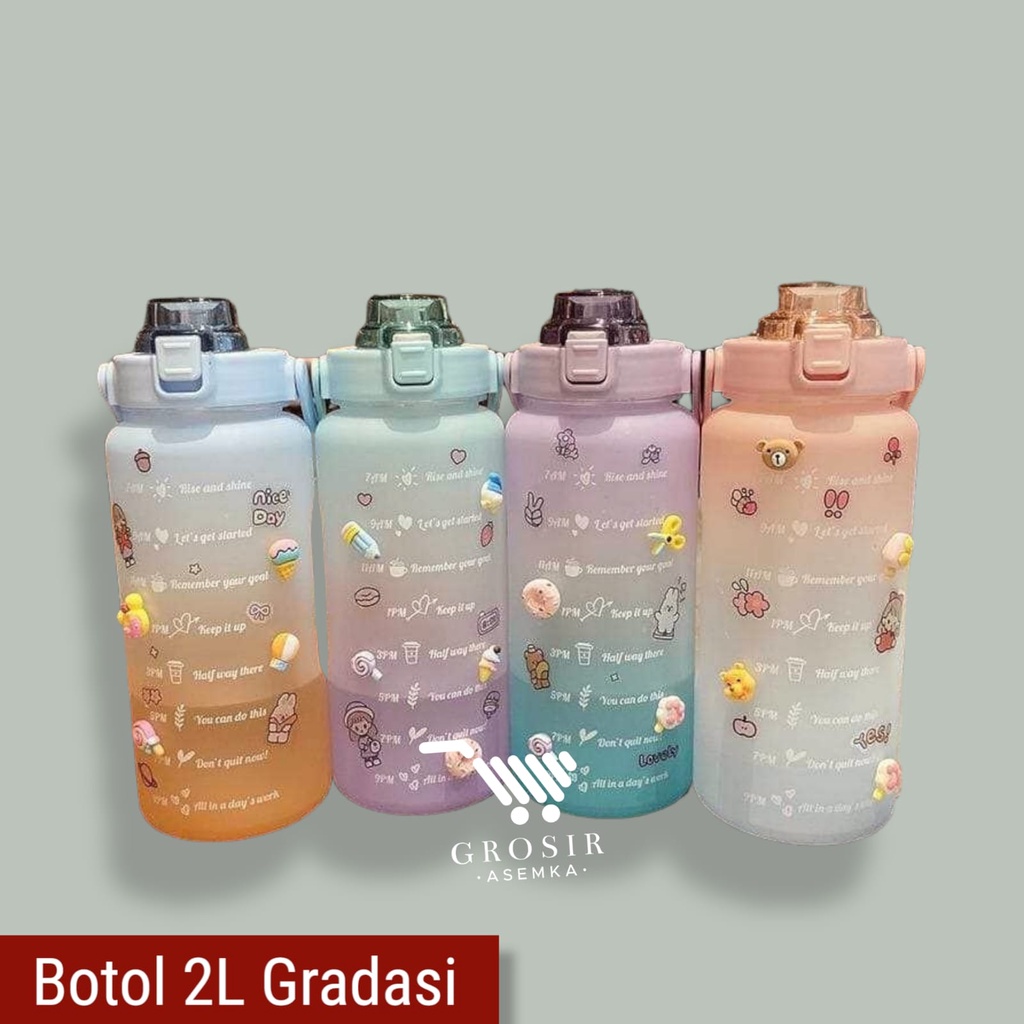 Botol Minum Motivasi 2000 ML 2 Liter Botol Minum Gradasi Sticker 2D &amp; 3D Botol Minum Korea Penanda Waktu Viral