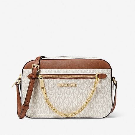 Tas Wanita Branded Michael Kors MK Jet Set Signature Large East West Zip Chain Crossbody Vanilla Luggage - 100% Original - Hopestead Store