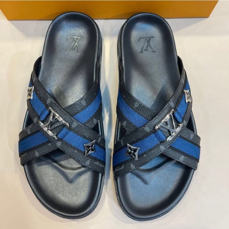 lv sandal pria silang hitam mono sendal cowok slippers slide Kualitas mirror 1:1