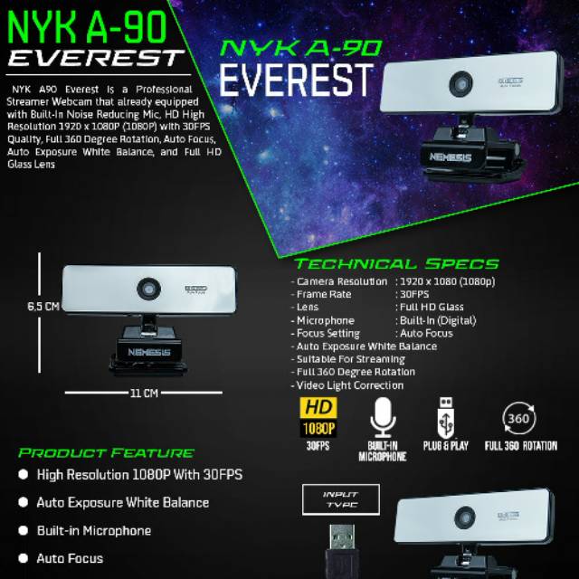 Nyk Webcam A90 Everest 1080P Auto Focus Pro