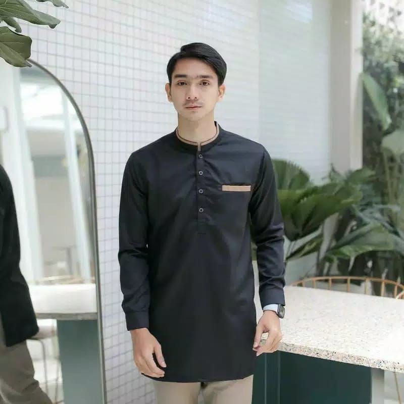 BAJU KOKO KURTA LENGAN PANJANG PRIA DEWASA (MATT KATUN TOYOBO ORIGINAL) SIZE M L XL XXL-Panjang Hitam