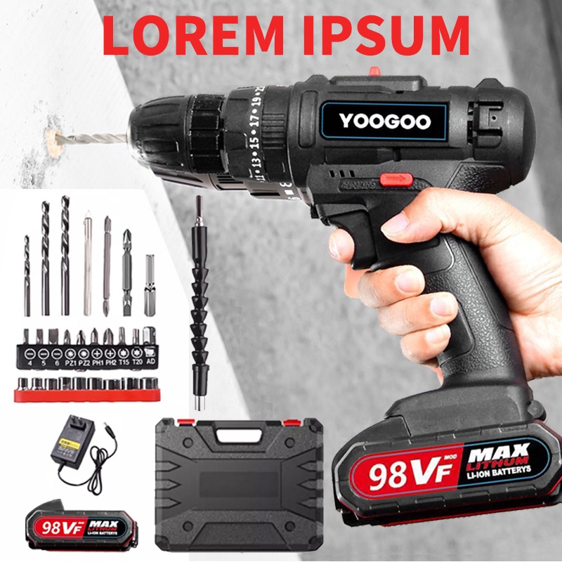 Mesin Bor Cordless/Bor Baterai/ Bor Listrik/Beton Besi Kayu Full 198VF 2 baterai Set Pilihan Bor Tanpa Kabel