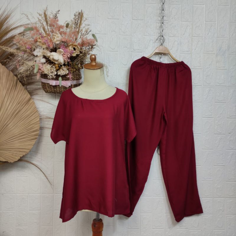 BAJU TIDUR POLOS PIYAMA POLOS CELANA PANJANG LENGAN PENDEK BAHAN RAYON babbydoll-POLOS MAROON