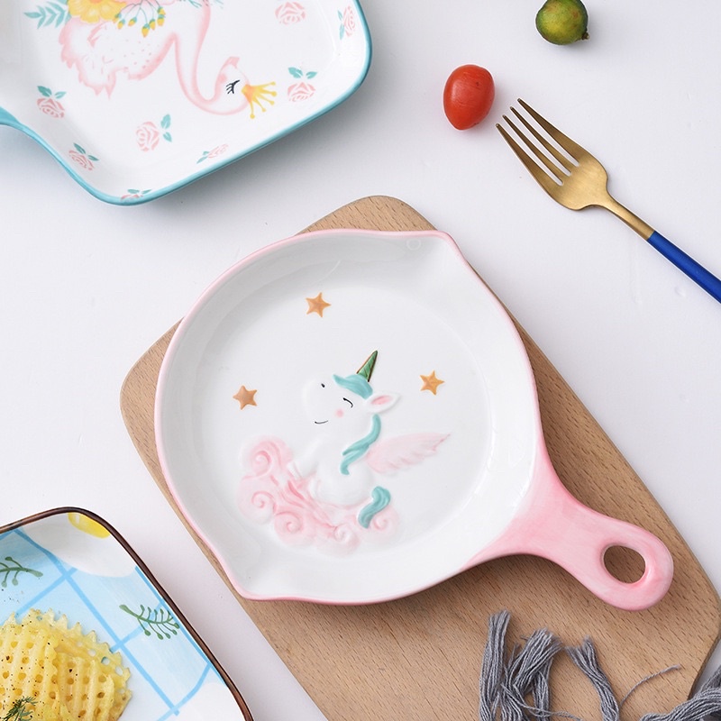 P 80 Piring Bulat Gagang Motif Unik Lucu Piring Keramik Karakter Porseline