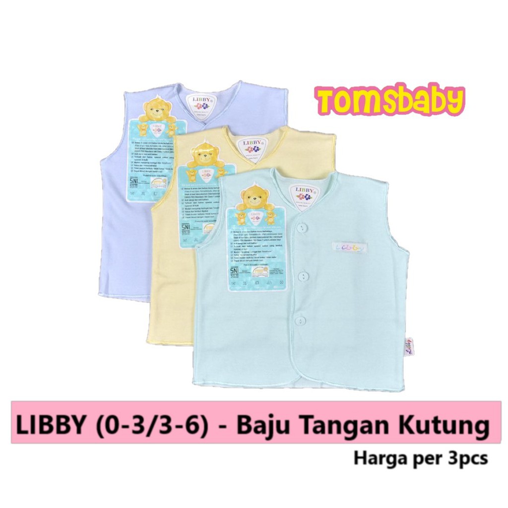 LIBBY 3pcs Baju Tangan Kutung / Tanpa Lengan WARNA Polos (0-3bln / 3-6bln)