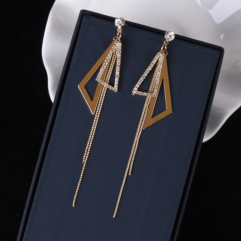 Anting Stud 925 Silver Needle Model Rumbai Panjang Bentuk Segitiga Bahan Zirkon Gaya Korea