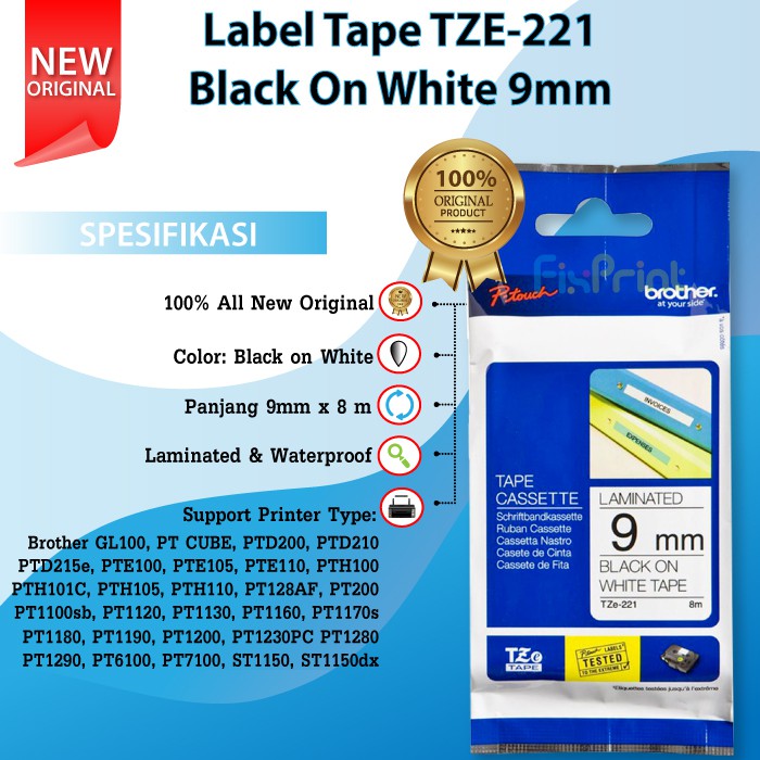 Label Tape Brother Original TZE-221 TZE 221 Casette Black on White 9mm