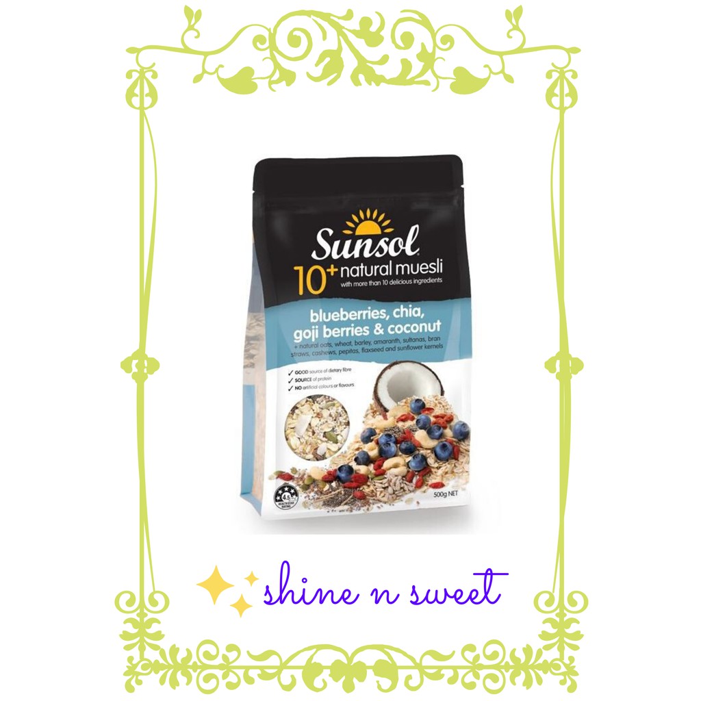 

Sunsol 10+ natural muesli blueberries, chia, goji berry & coconut 500g