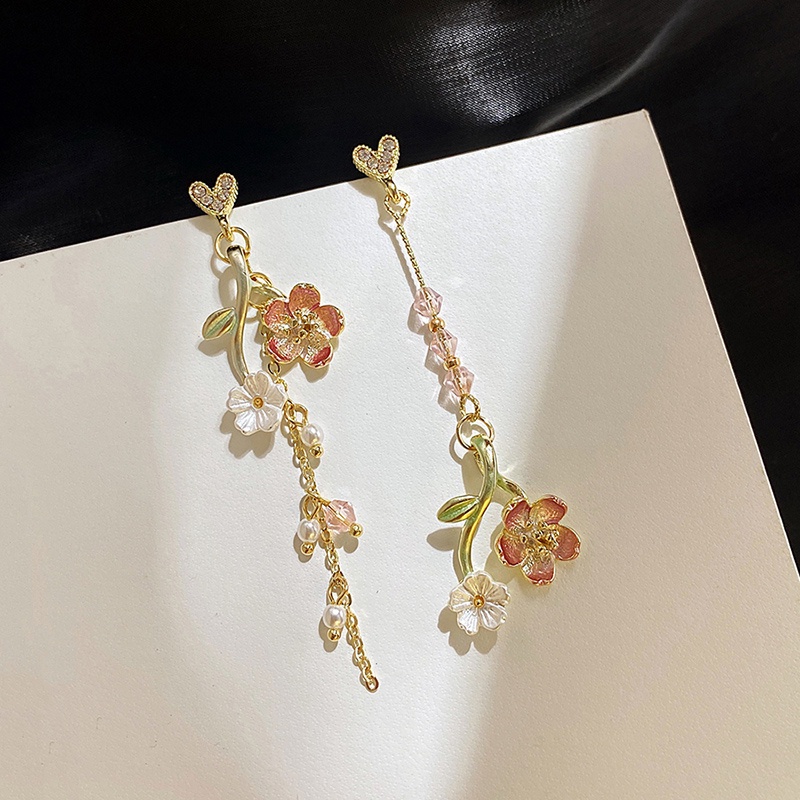 Anting Tusuk Gantung Panjang Asimetris Desain Bunga Sakura Bahan Silver 925 Untuk Wanita