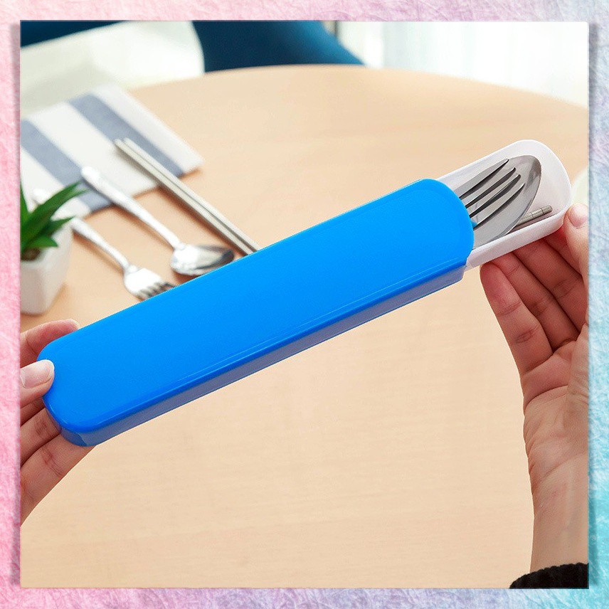 1 Set Alat Makan Sendok Garpu Sumpit Stainless Steel + Box Plastik | Portable Travel Cutlery