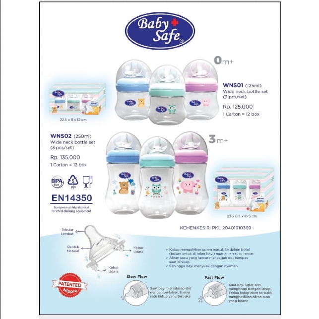 BOSU339 BABY SAFE BOTOL SUSU WIDE NECK  BOTTLE SET 250ML ISI 3 WNS02