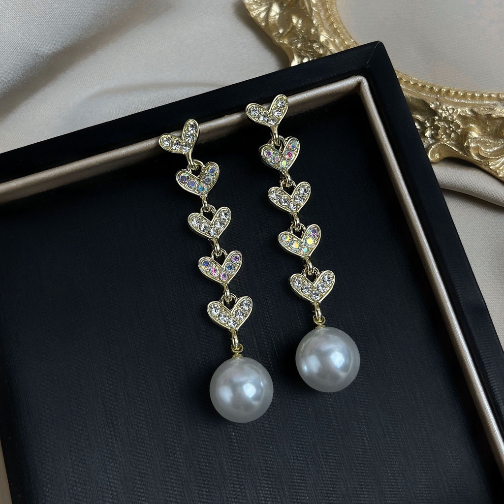 Anting Rumbai Panjang Desain Hati Aksen Mutiara Bahan Silver Needle Gaya Perancis Untuk Wanita