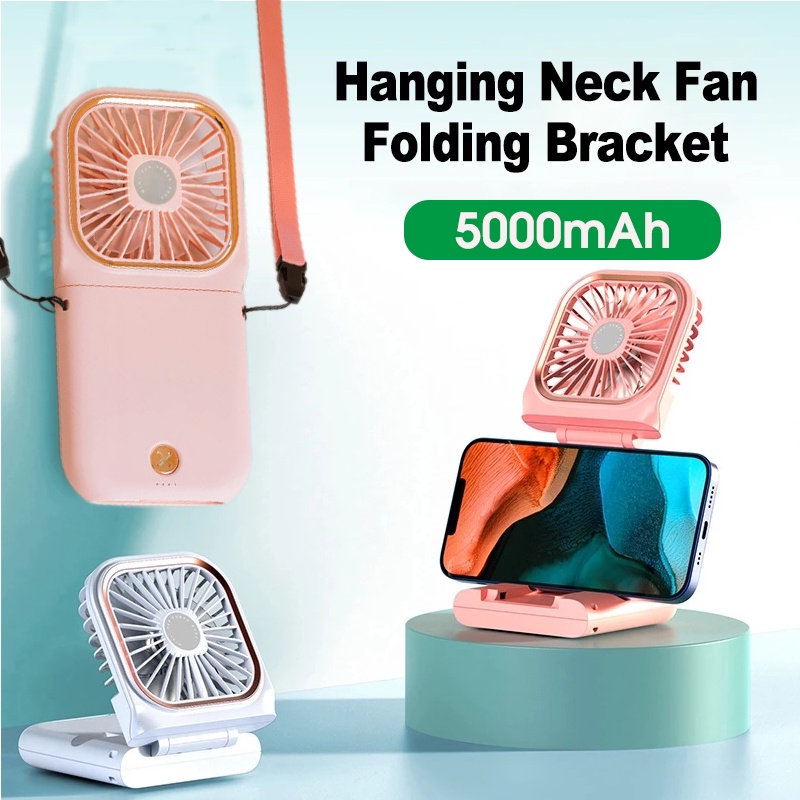 3In1 Mini Cooling Fan Foldable Neck Hanging Fan USB Adjustable Rechargeable Air Cooler Phone Holder