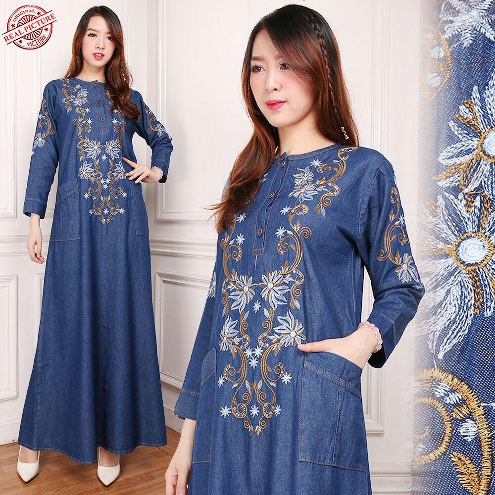 SB Collection Dress Maxi Nayla Gamis Jeans Longdress Terusan Casual Wanita