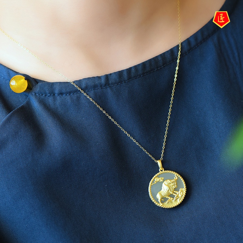 [Ready Stock]Hetian White Jade Gold Inlaid with Jade Chinese Zodiac Cow Pendant Elegant