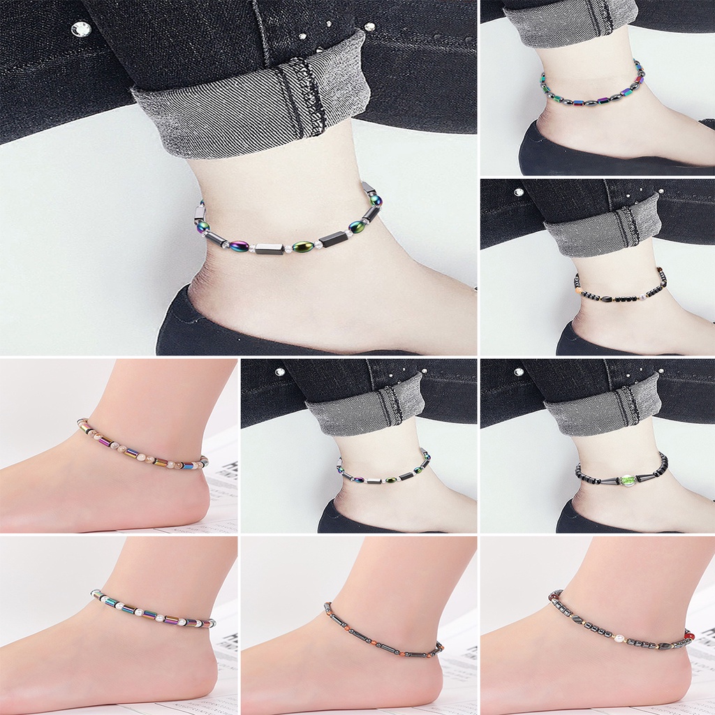 Gelang Kaki Magnetik Elastis Hias Manik-Manik Gallstone Hitam Untuk Kesehatan Pria Dan Wanita