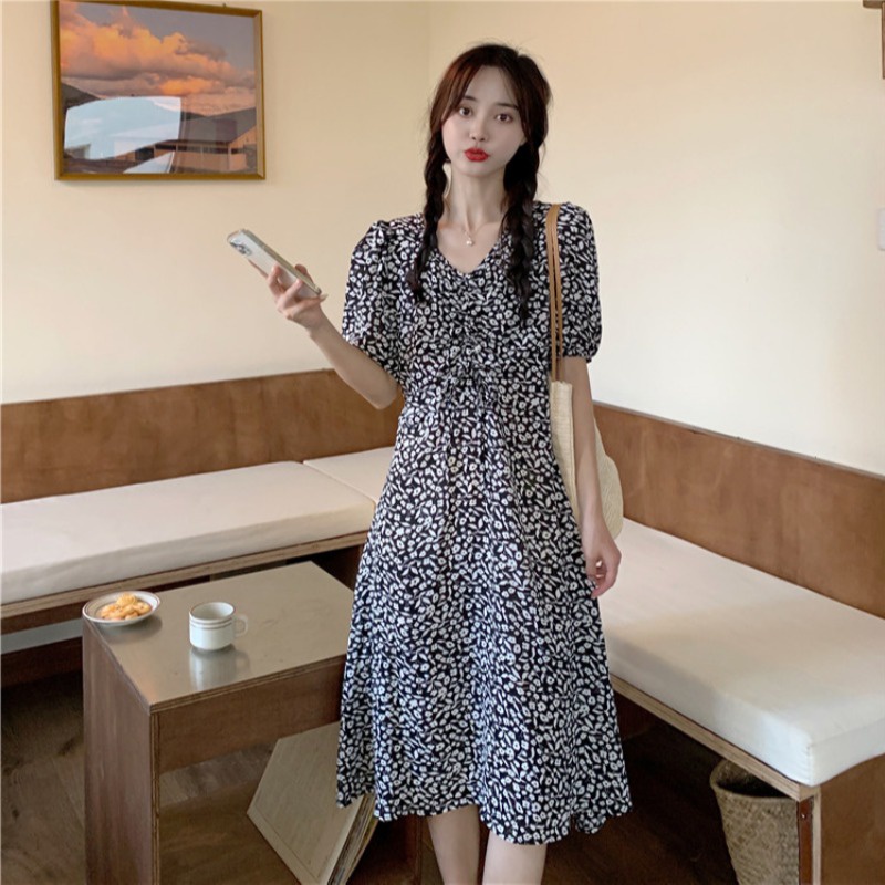 pakaian wanita korea COD 2022 New Fashion Korean Style daster kerut dada Black Blue Green Floral Short Sleeve Drawstring V Neck Midi dress wanita 2023 korea biru for Women Summer A-Line Casual tunik Dresses