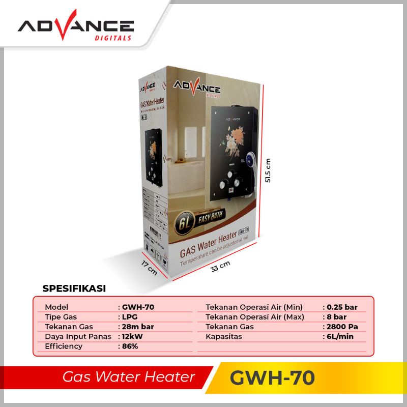 Advance Water Heater Gas 6 Liter GWH-70 LED Display Tempered Glass