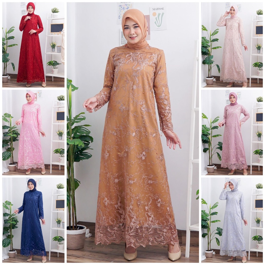 GAMIS BELLA FULL BRUKAT TILE BORDIR MUTIARA GLITTER MAXI DRESS PESTA MUSLIM