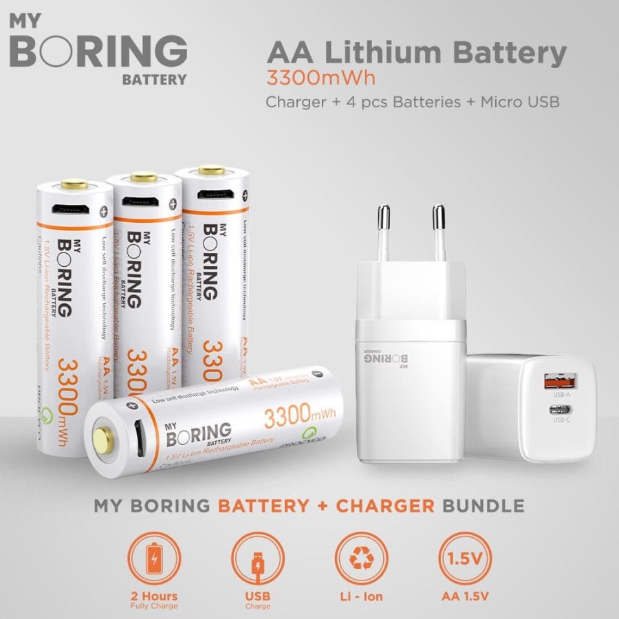 My Boring Battery USB Rechargeable AA Li-ion Baterai 1.5V +Charger 20W