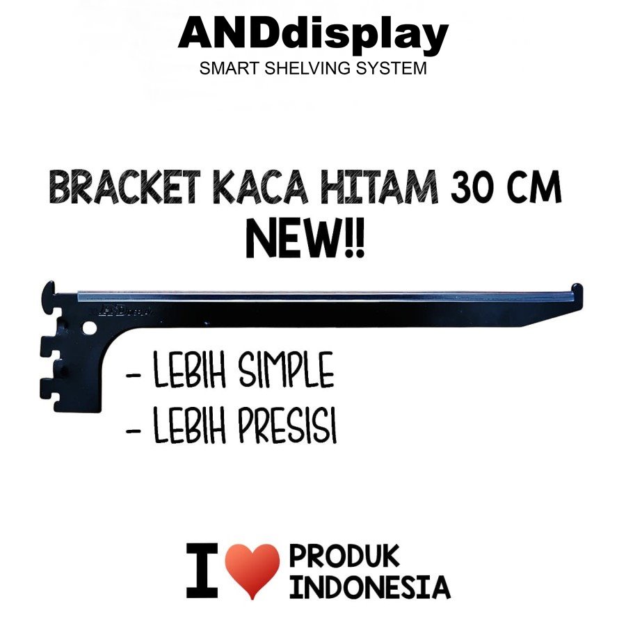 DAUN BRACKET KACA 30 CM HITAM AMBALAN TIANG REL BREKET KAYU ANDDISPLAY