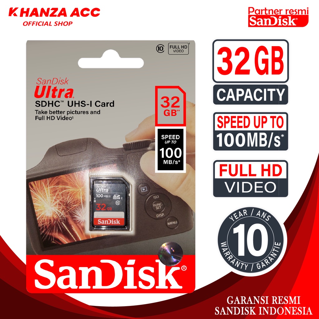 KHANZAACC SANDISK SD Card 32GB Kartu Memori Kamera Class 10 SDHC Speed Up to 100Mb/s