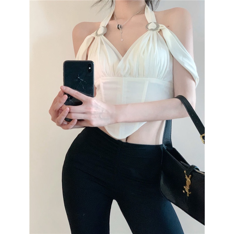 Suhao Putih Kamisol Wanita Musim Panas Bumbu Seksi Chic Irregular Halter Cropped Top