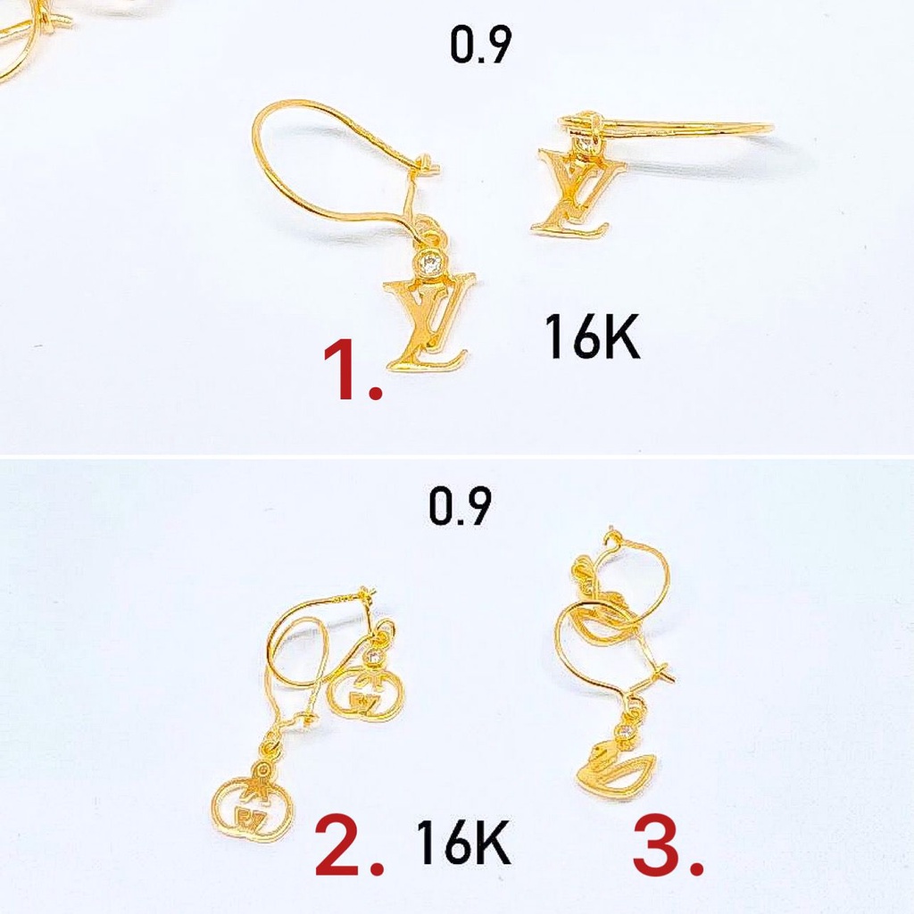 Banyak motif yaa Anting desi anak dan dewasa emas asli kadar 700 70 16k giwang kerabu gantung branded guccii swarovskii LVV diorr fendii chanell H HERME ringan 1 satu gram gr g elegan gold