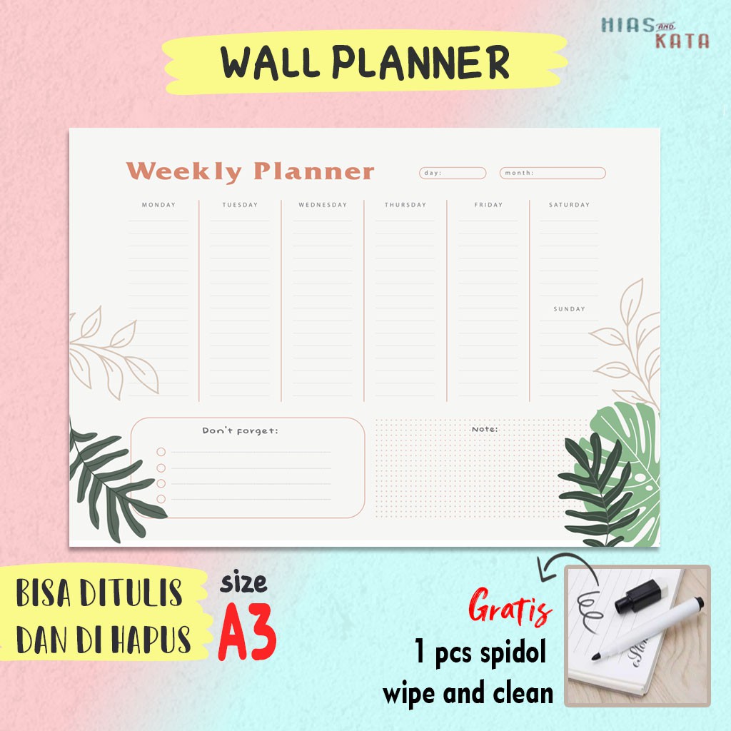 

Wall board Weekly Planner Uk A3 (FREE 1 PCS SPIDOL WIPE & CLEAN)