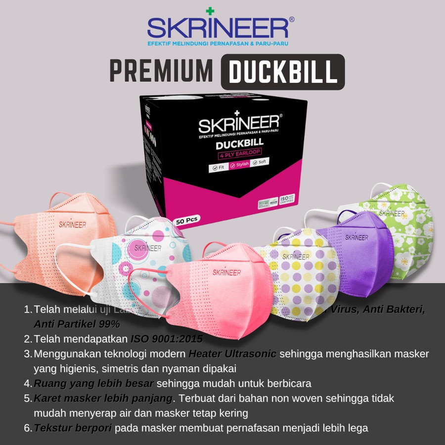 Masker Skrineer Duckbill Premium Stylish Soft Fit 4 Ply Earloop Isi 50 Warna Pink, Dotty Polkadot Pi