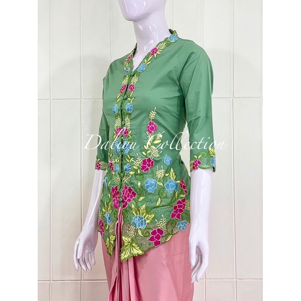 ESW02 - Daliyu KEBAYA ENCIM LENGAN 7/8 BORDIR WARNA Katun Stretch / S M L XL-Hijau