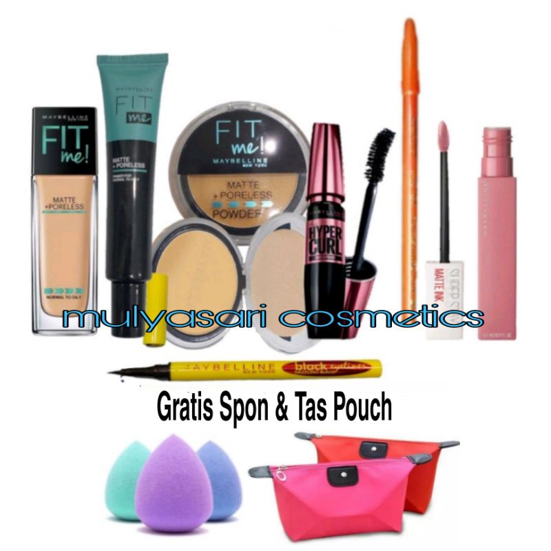 Paket Make-up 1 Set 7in1 / Paket Kosmetik Maybelline Lengkap 1 Paket + Gratis Spon dan Tas Kosmetik Pouch