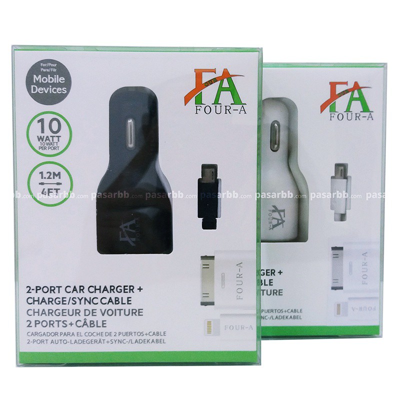 FOUR-A Dual Port Car Charger / Charger Mobil + Kabel Micro + Converter to Lightning