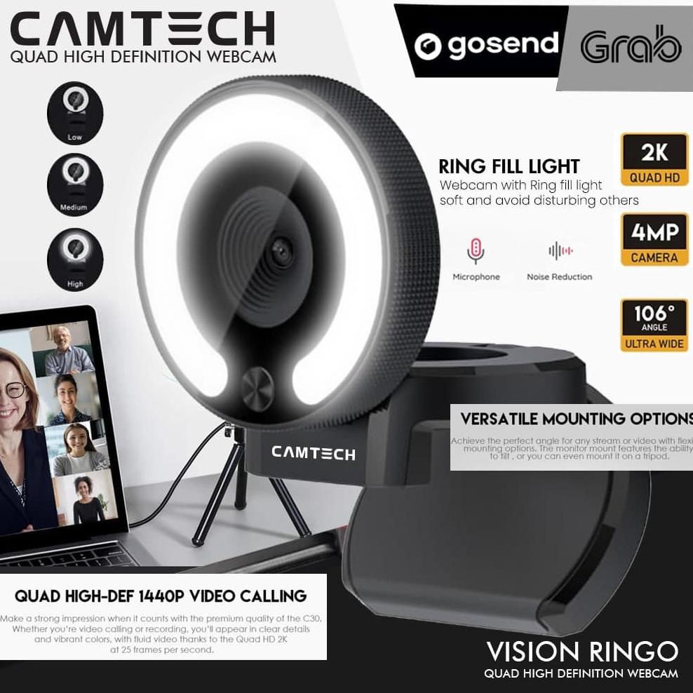 Camtech Webcam 2K 4Mp Ringo Qhd 1440P With Ring Light And Auto Focus