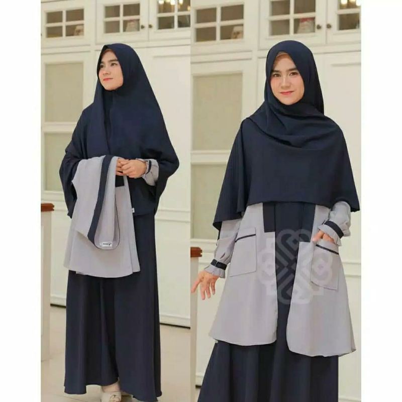Elbina set(Dress+cardy)stelan baju muslim terbaru/dress plus cardy-ELBINA Grey-nepy