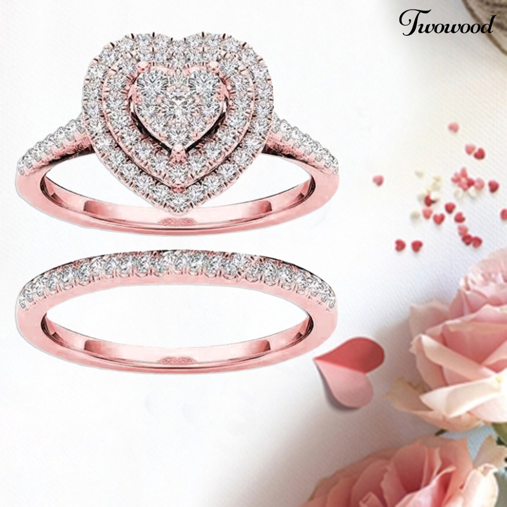 2pcs / Set Cincin Berlian Imitasi Bentuk Hati Bahan Alloy Untuk Pengantin Wanita