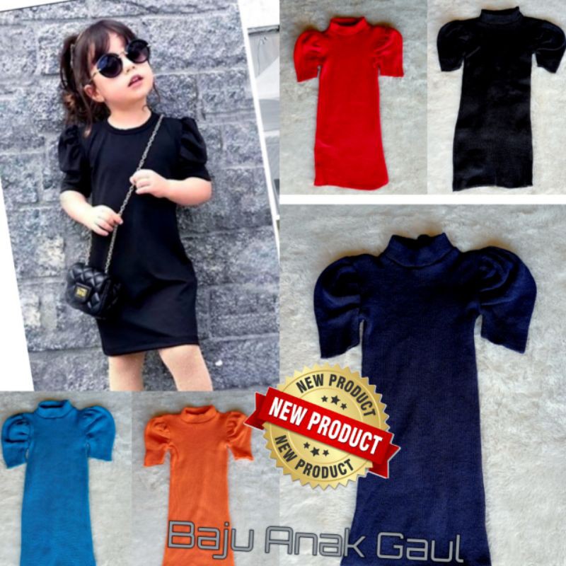 Dress Tangan Balon / Tunik Casual Baju Lengan Balon Rajut Anak Perempuan 2 3 4 Tahun