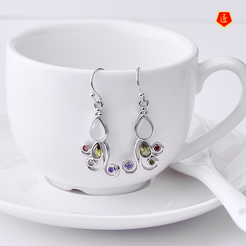 [Ready Stock]925 Silver Moonstone Earrings Colorful Gems Fashion Elegant