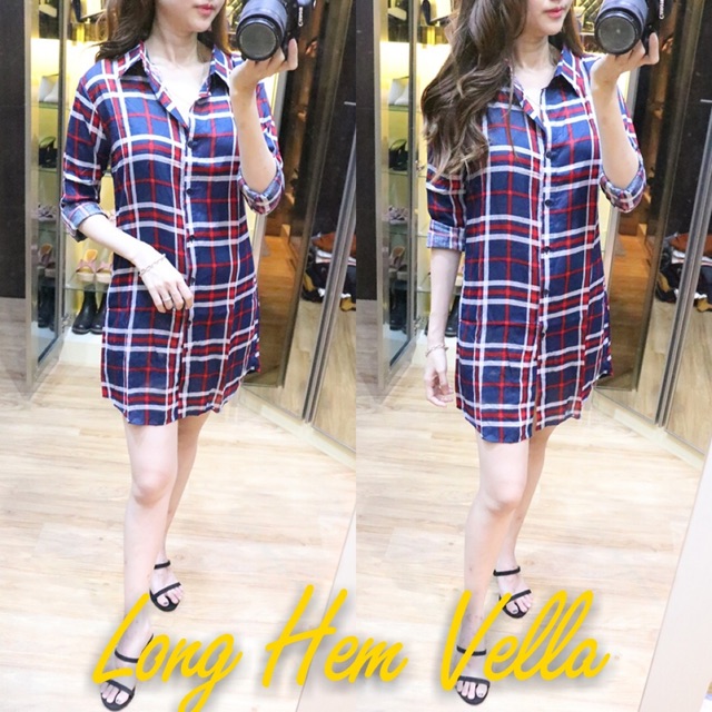 BC Long hem Vella Kemeja Panjang Baju Wanita Motif Fashion Kekinian