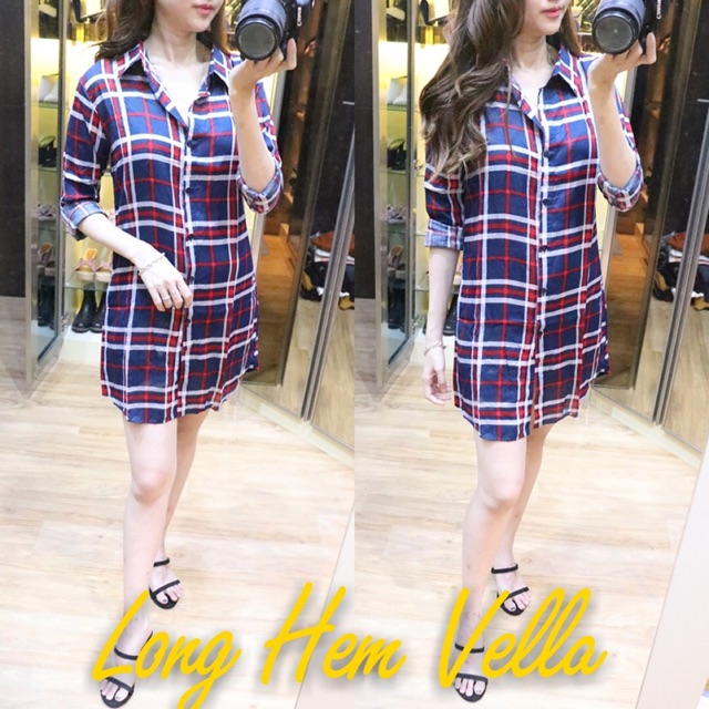 BC Long hem Vella Kemeja Panjang Baju Wanita Motif Fashion Kekinian