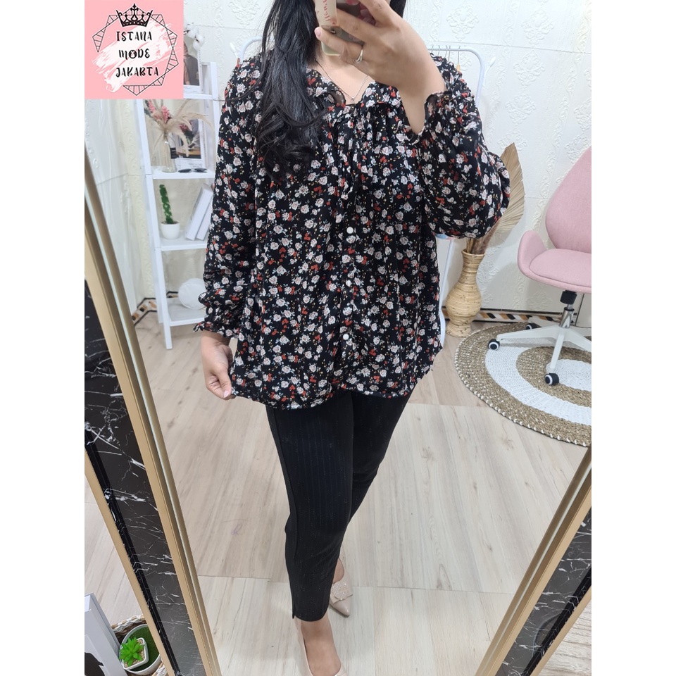 ISTANA MODE JAKARTA Sonya Jumbo baju atasan wanita terbaru blouse korean style blouse wanita lengan panjang-HITAM BUNGA UNGU 4