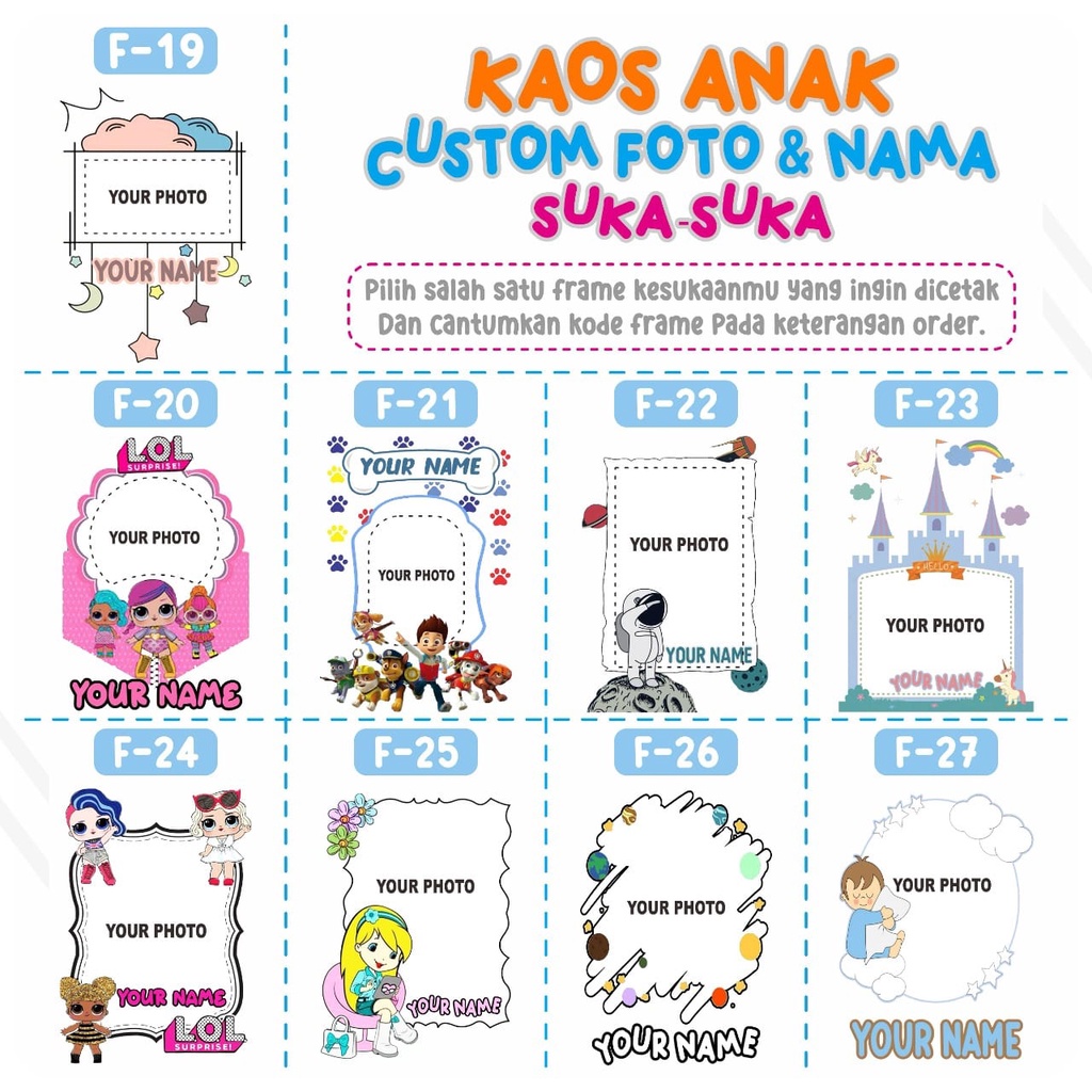 Kaos Foto Anak Seri 03 Frame Kartun 1-12 Tahun|| Foto Plus Nama