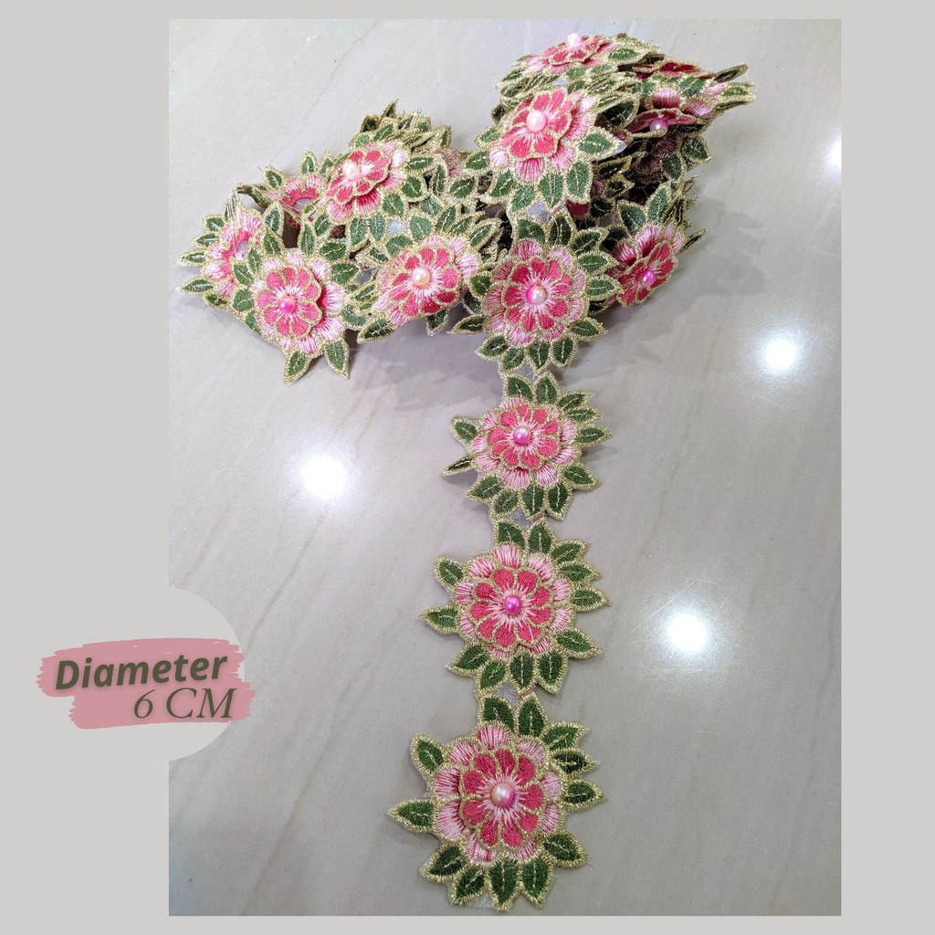 Renda Bordir Bunga Daun Tempel Jahit Mutiara Meteran Bordiran Gamis Mukena Kebaya Kerudung