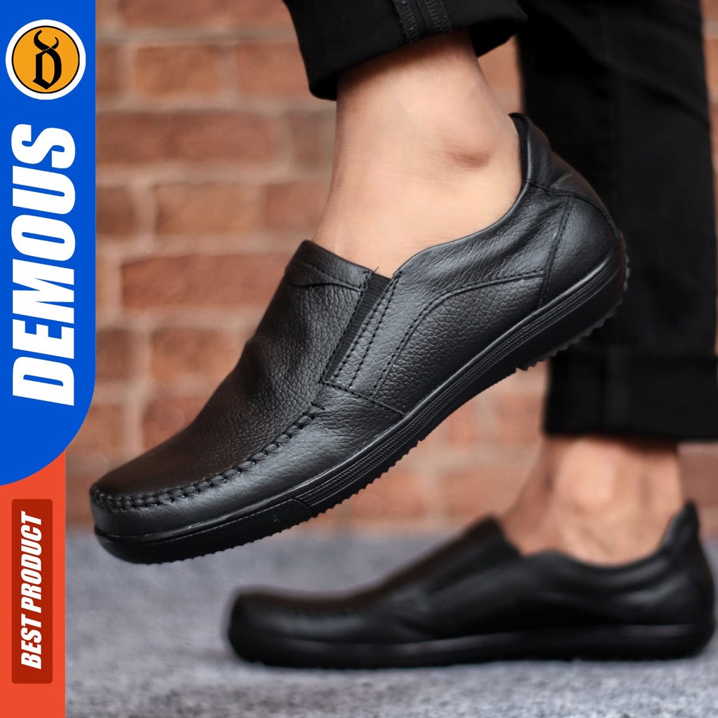 Sepatu Slip On Pria Sepatu Casual Pria Formal Kulit Asli Sepatu Pantofel Kerja Kantor Kuliah Kondangan Sepatu Slop Pria Sepatu Hitam Pria DEMOUS KNIT