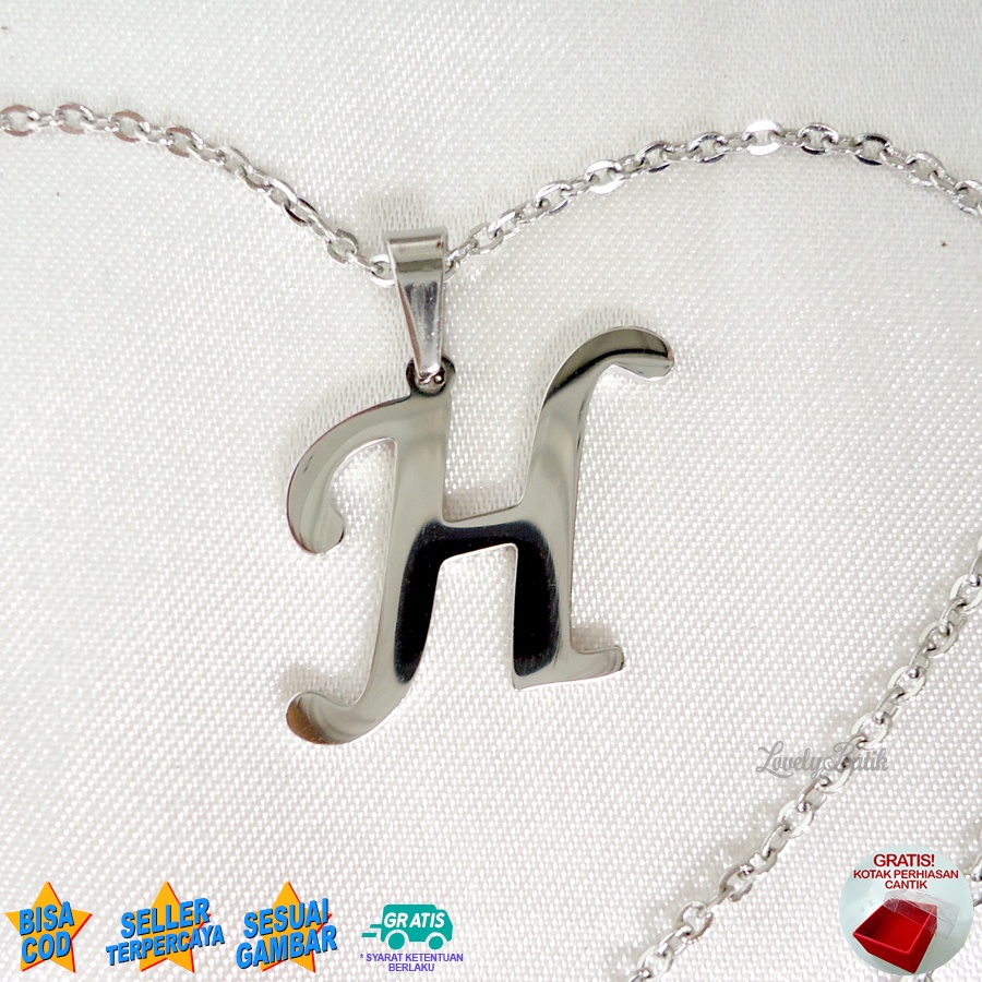 Lovelybutik Kalung Titanium Inisial Abjad Latin4 Kalung Alfabet Huruf H,M,P,Y Bahan Titanium Warna Silver Bonus Kotak Perhiasan