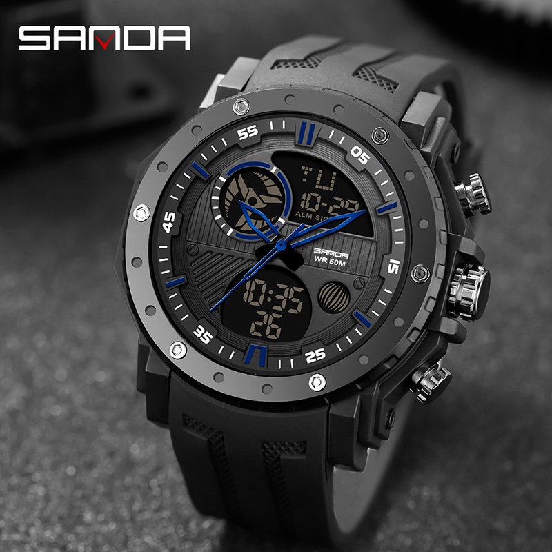 SANDA 6012 Jam Tangan Pria Digital Analog Tali Rubber Chronograph Anti Air WATCHKITE WKOS