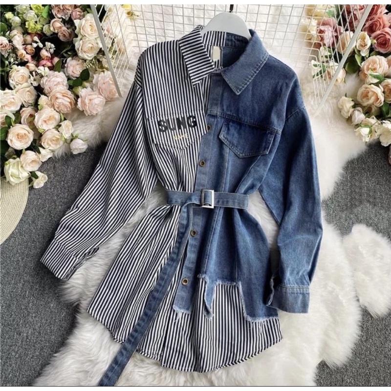 ym premium kemeja tunik sung bahan jeans kombinasi katun