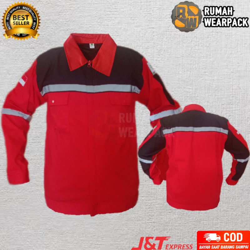 Baju Kerja/ Wearpack Proyek/ Seragam Kerja Atasan Warna Merah Hitam