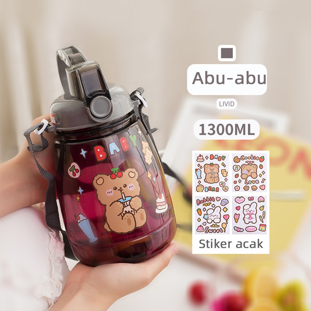 Botol Minum Anak Desain Unik Variasi Motif Karakter terdapat Sedotan BPA FREE bottol minum sedotan cangkir jerami cangkir plastik lucu cangkir kartun portabel 480ML 1000ML-Abu-Abu1300 ml