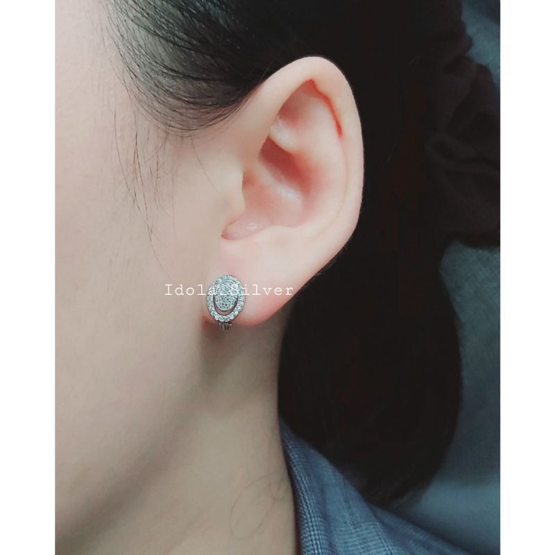 ANTING PERAK ASLI SILVER 925 LAPIS EMAS MODEL JEPIT OVAL+ PERMATA KELILING - PERHIASAN PERAK WANITA